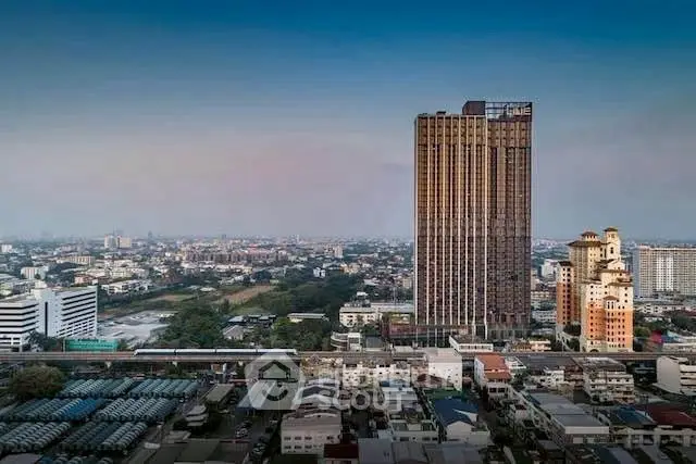 Stunning cityscape view featuring a modern high-rise building with panoramic skyline.