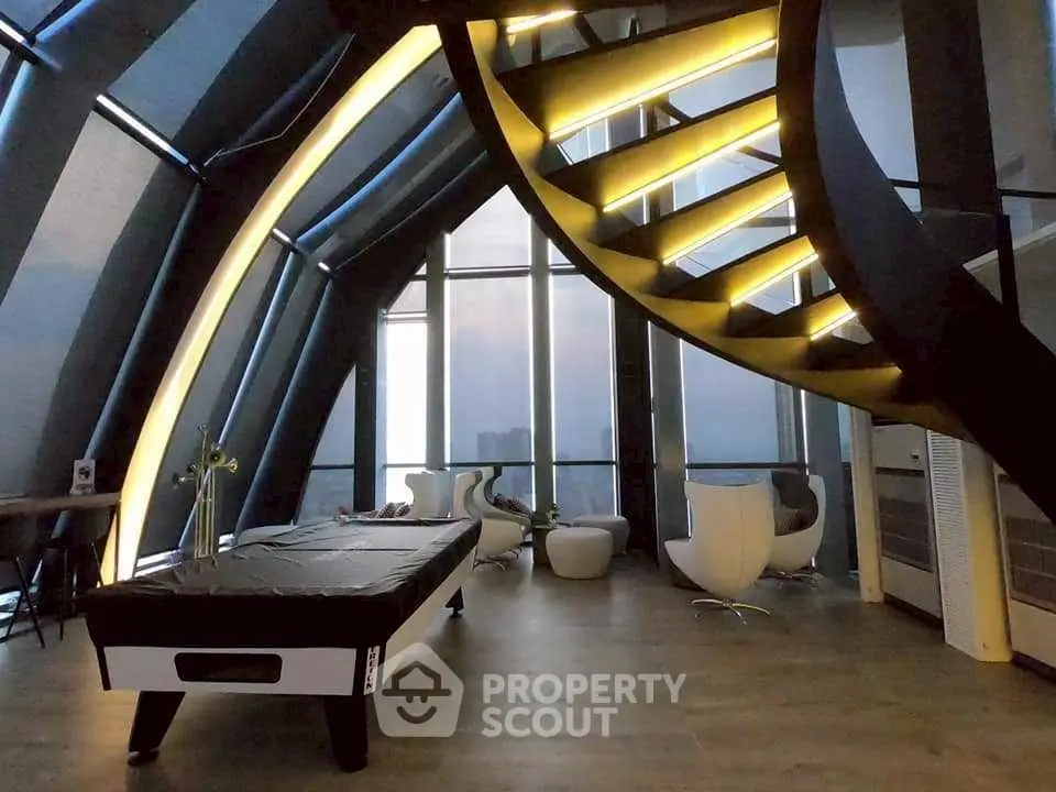 Luxurious modern living room with unique spiral staircase and panoramic windows