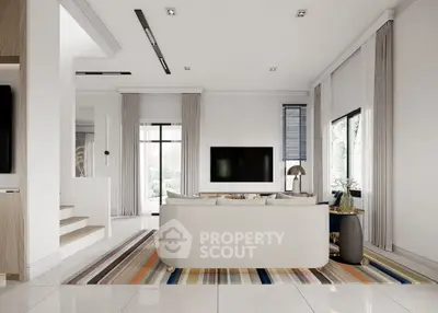 Modern living room with sleek design and large windows for natural light