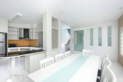 Spacious modern kitchen with sleek dining area and open layout