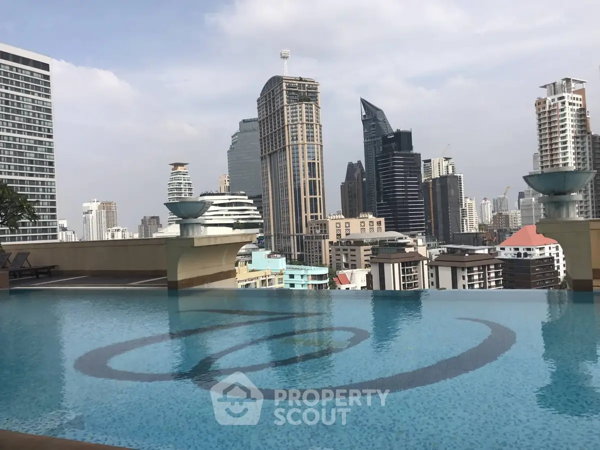 Stunning rooftop pool with panoramic city skyline view in luxury high-rise building.