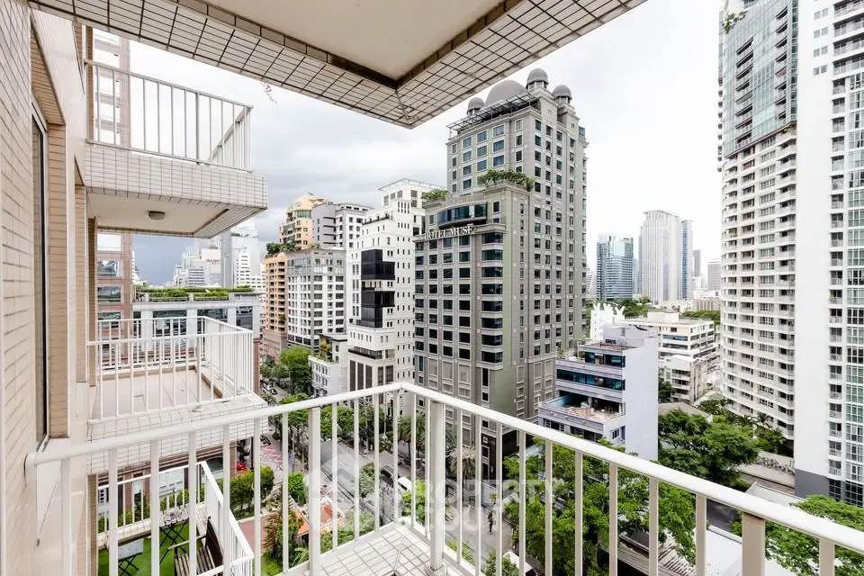 Stunning cityscape view from a high-rise balcony in a modern urban setting.