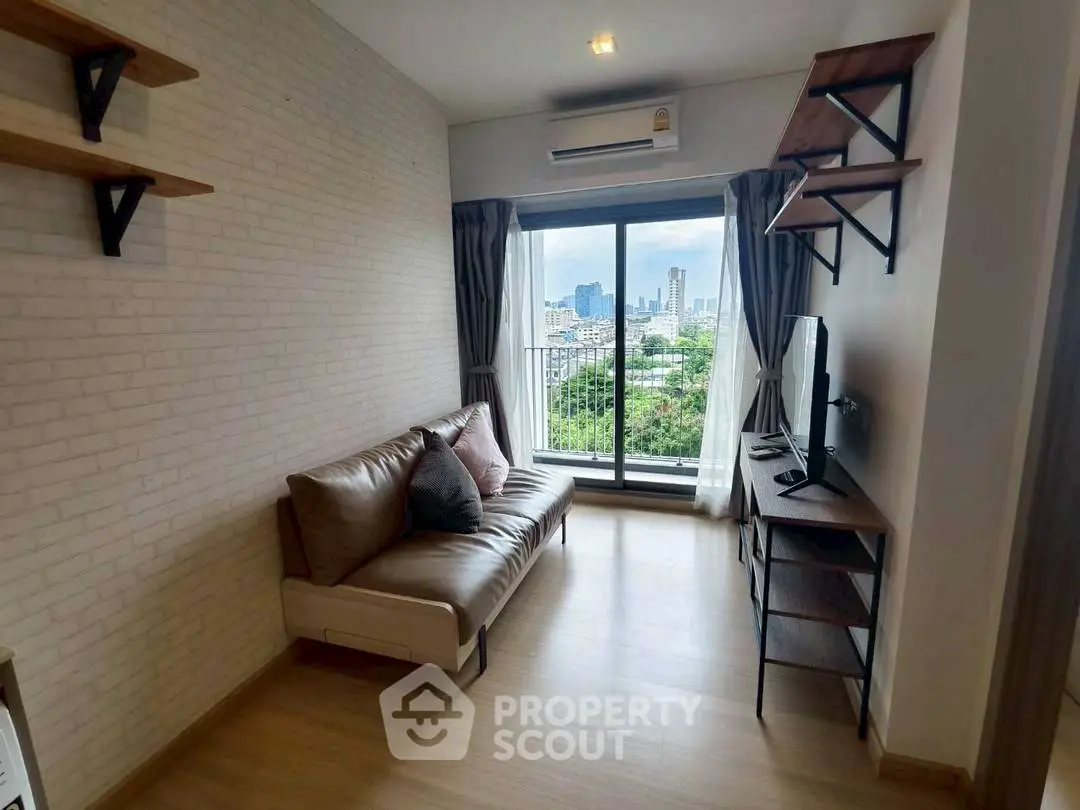 Cozy living room with city view, modern sofa, and wall-mounted shelves.