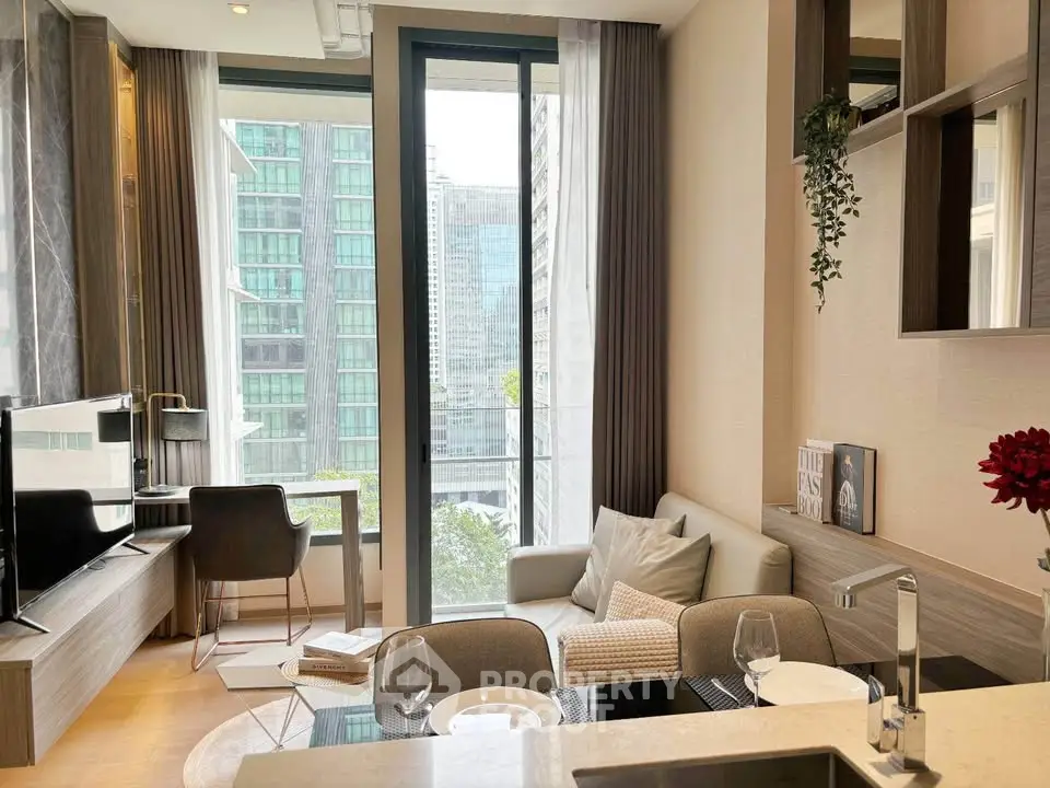Modern living room with city view, featuring elegant decor and open layout, perfect for urban living.