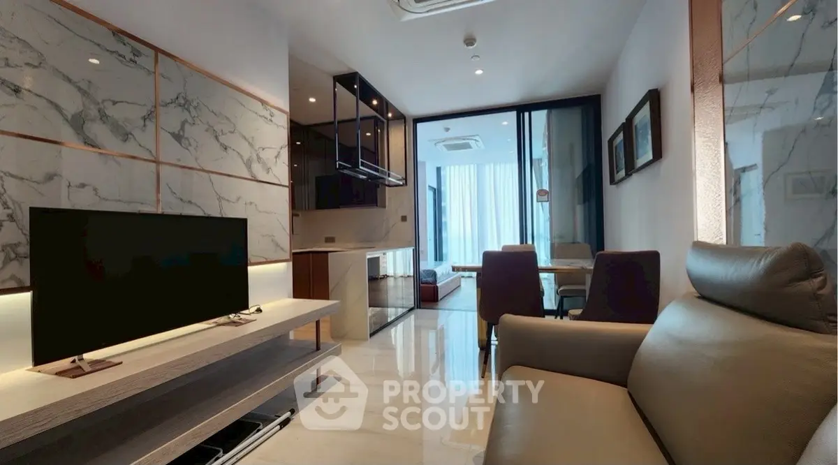 Luxurious modern living room with marble accents and sleek furniture