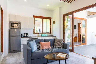 Modern living room with open kitchen, cozy sofa, and natural light