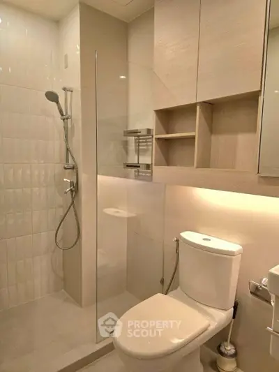 Modern bathroom with sleek shower and elegant cabinetry