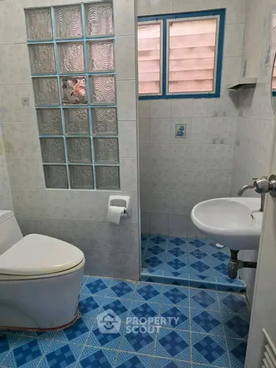 Charming bathroom with blue tile flooring and glass block partition.