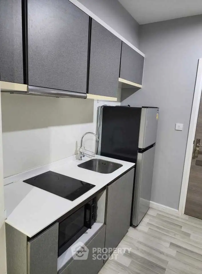 Modern compact kitchen with sleek cabinets and appliances