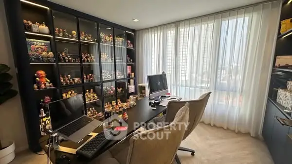 Modern study room with large window and display shelves