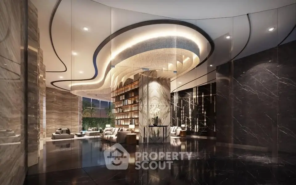 Luxurious modern living room with elegant lighting and marble accents, showcasing sophisticated interior design.