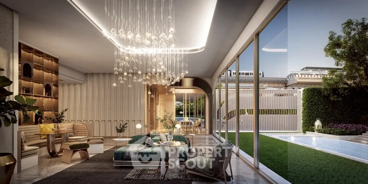 Luxurious living room with modern chandelier and garden view