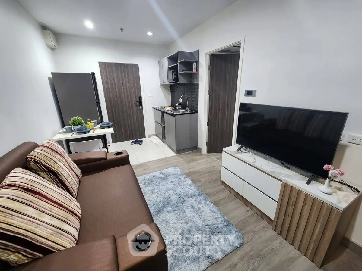 Modern living room with cozy sofa, stylish kitchen, and sleek TV setup in a compact apartment.
