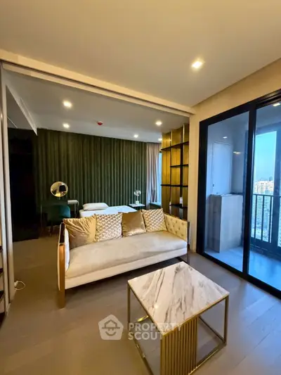 Luxurious living room with elegant decor and balcony view