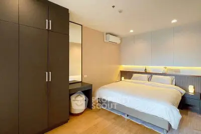 Modern bedroom with sleek design, built-in wardrobe, and cozy lighting