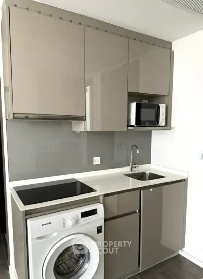 Modern compact kitchen with sleek cabinets, washing machine, and microwave in a stylish apartment.