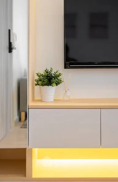 Modern living room with sleek TV unit and ambient lighting