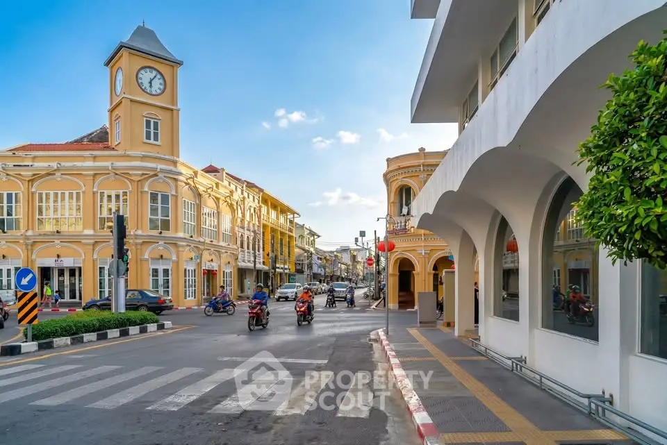 Charming urban street view with historic architecture and vibrant city life.