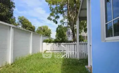 Charming backyard with lush greenery and white picket fence