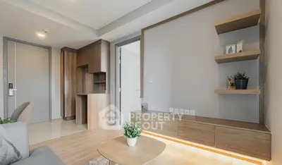 Modern living room with stylish wooden furniture and cozy decor