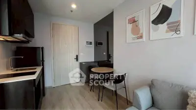 Modern apartment interior with sleek kitchen and cozy living area