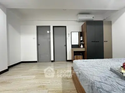 Spacious modern bedroom with sleek furniture and air conditioning