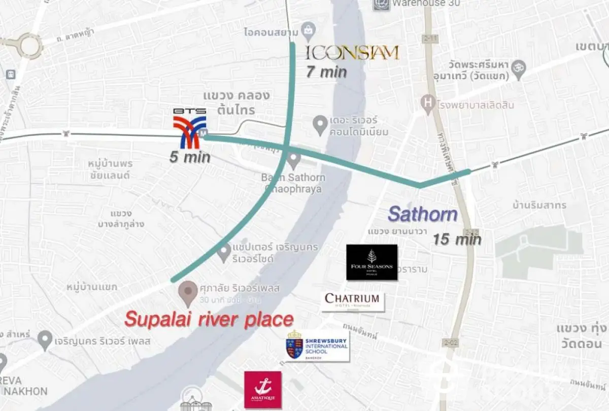 Prime Bangkok real estate map highlighting proximity to BTS, Iconsiam, and Sathorn.