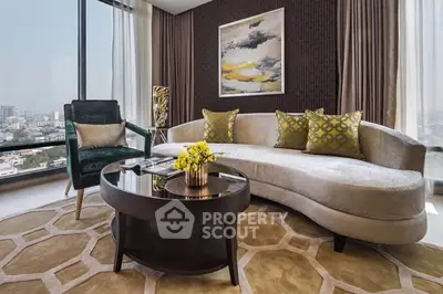 Luxurious living room with modern curved sofa and city view, perfect for urban living.