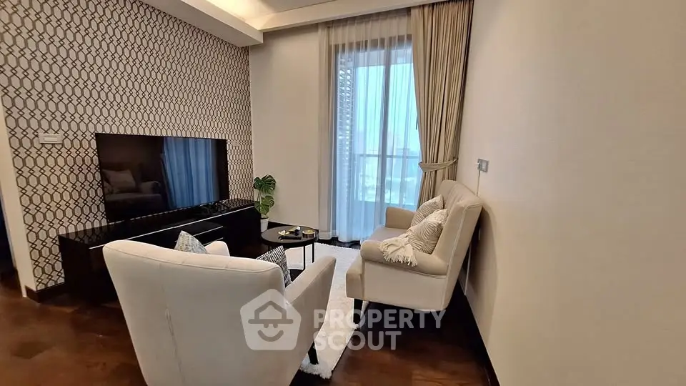 Elegant living room with modern decor and large window view