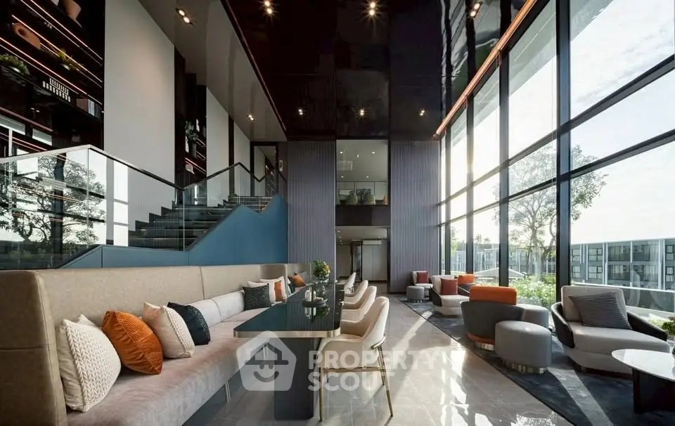 Luxurious modern living room with floor-to-ceiling windows and elegant decor in a high-rise building.