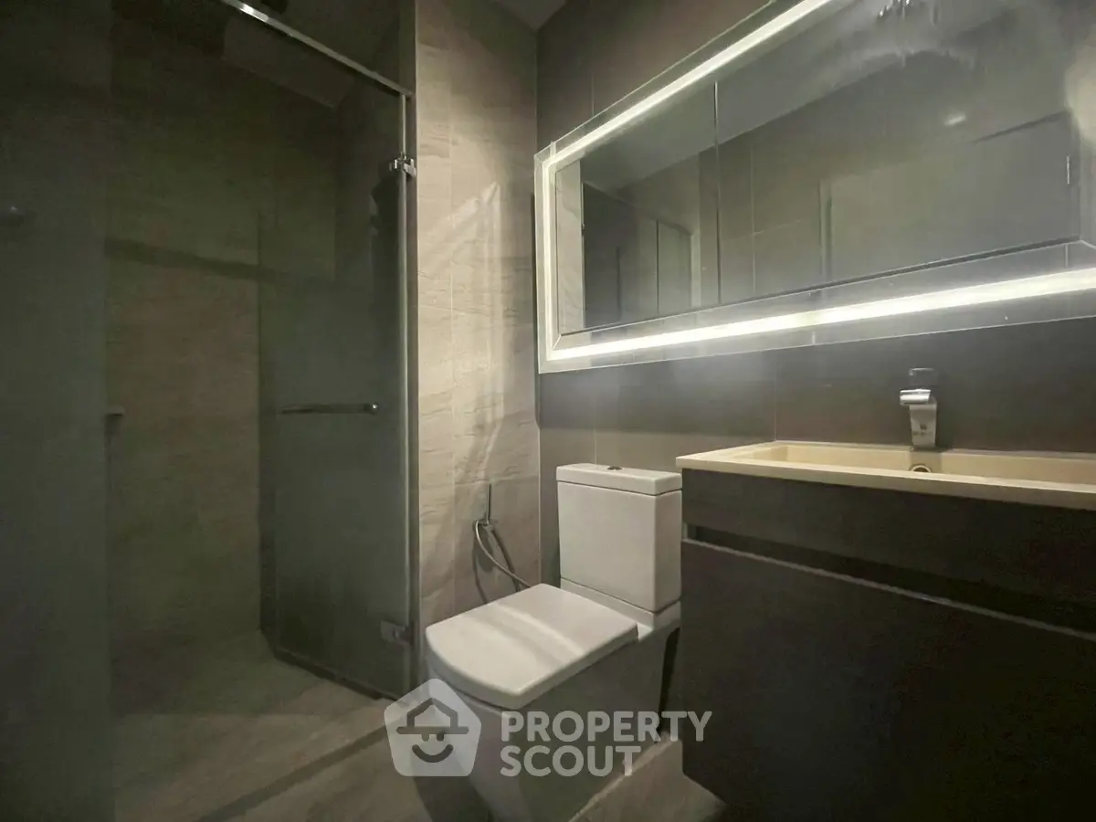Modern bathroom with sleek design and illuminated mirror