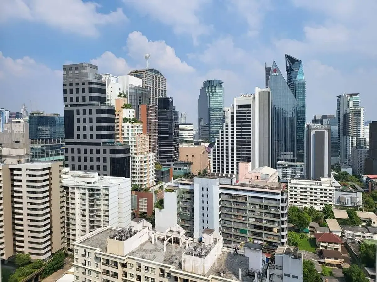 Stunning cityscape view of modern skyscrapers under a clear blue sky.