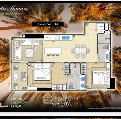 Luxurious 2-bedroom floor plan at Riviera Malibu Residences, featuring spacious layout and modern amenities.