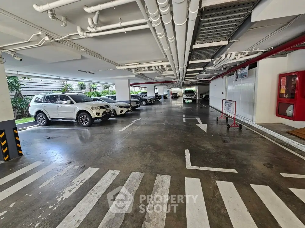 Spacious underground parking area with multiple vehicles and clear markings.