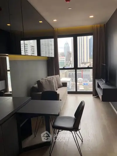 Modern living room with city view, sleek furniture, and large windows.