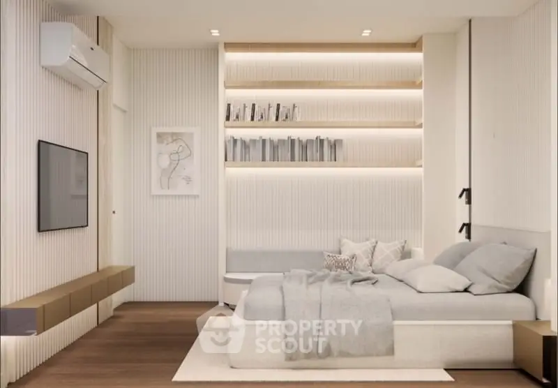 Modern bedroom with sleek design, featuring built-in shelves and cozy bedding.