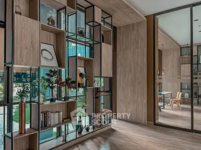 Modern interior with stylish shelving and wooden accents in a contemporary living space.