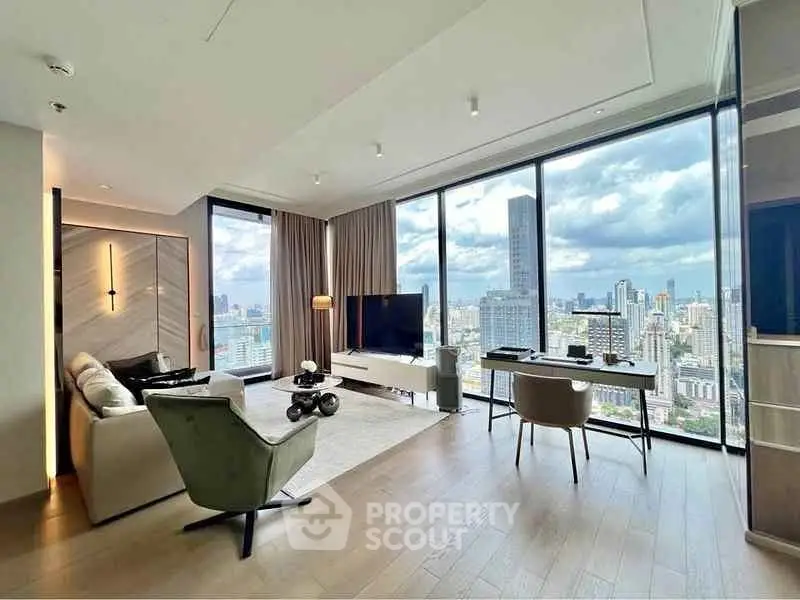 Luxurious living room with panoramic city views and modern furnishings in high-rise apartment.