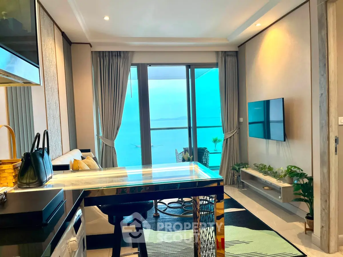 Luxurious living room with stunning ocean view and modern decor