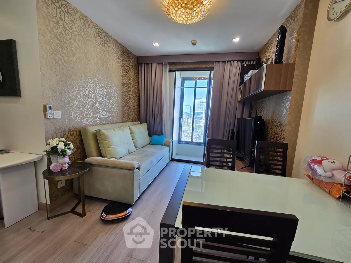 Luxurious living room with elegant decor and city view, featuring a plush sofa and modern dining area.