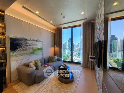 Luxurious modern living room with stunning city view and elegant decor