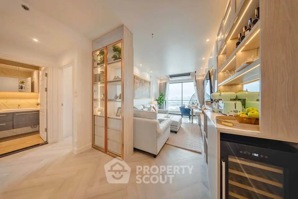 Luxurious living room with modern decor and stunning city view