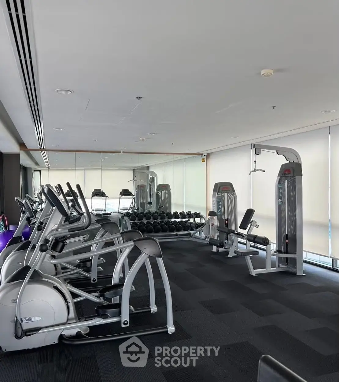 Modern gym with state-of-the-art equipment in luxury residential building.