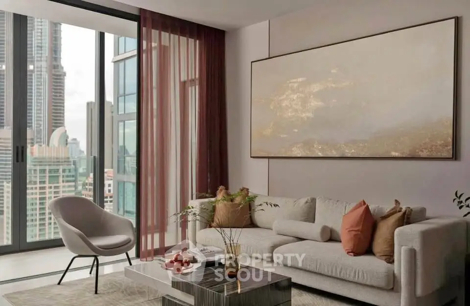 Modern living room with large windows and city view, featuring stylish furniture and elegant decor.