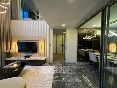 Luxurious modern living room with marble flooring and elegant dining area, perfect for sophisticated urban living.