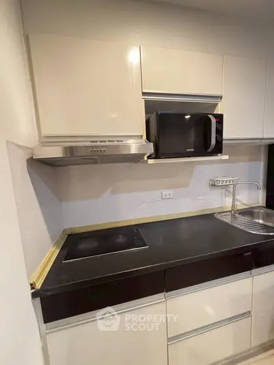 Modern kitchen with sleek cabinets, electric stove, and microwave, perfect for urban living.