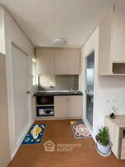 Cozy kitchen with modern cabinetry and compact design, featuring a microwave and decorative rugs.