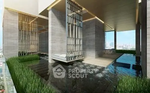 Luxurious modern building with serene water feature and lush greenery, offering stunning city views.