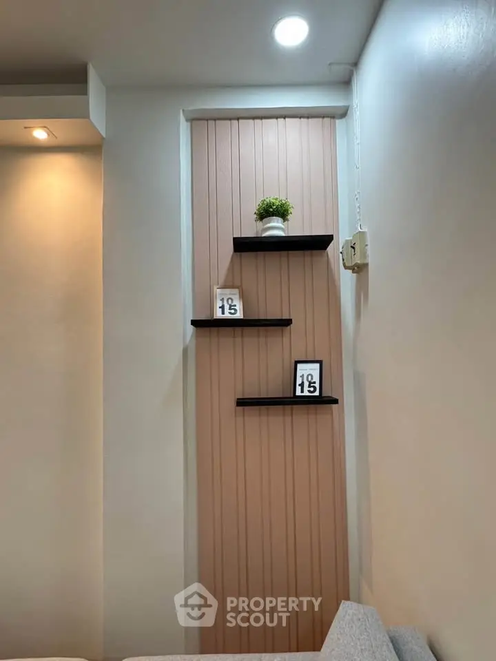 Modern interior wall with decorative shelves and plants, showcasing minimalist design.