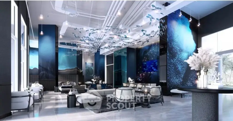 Luxurious modern living room with high ceilings and artistic decor